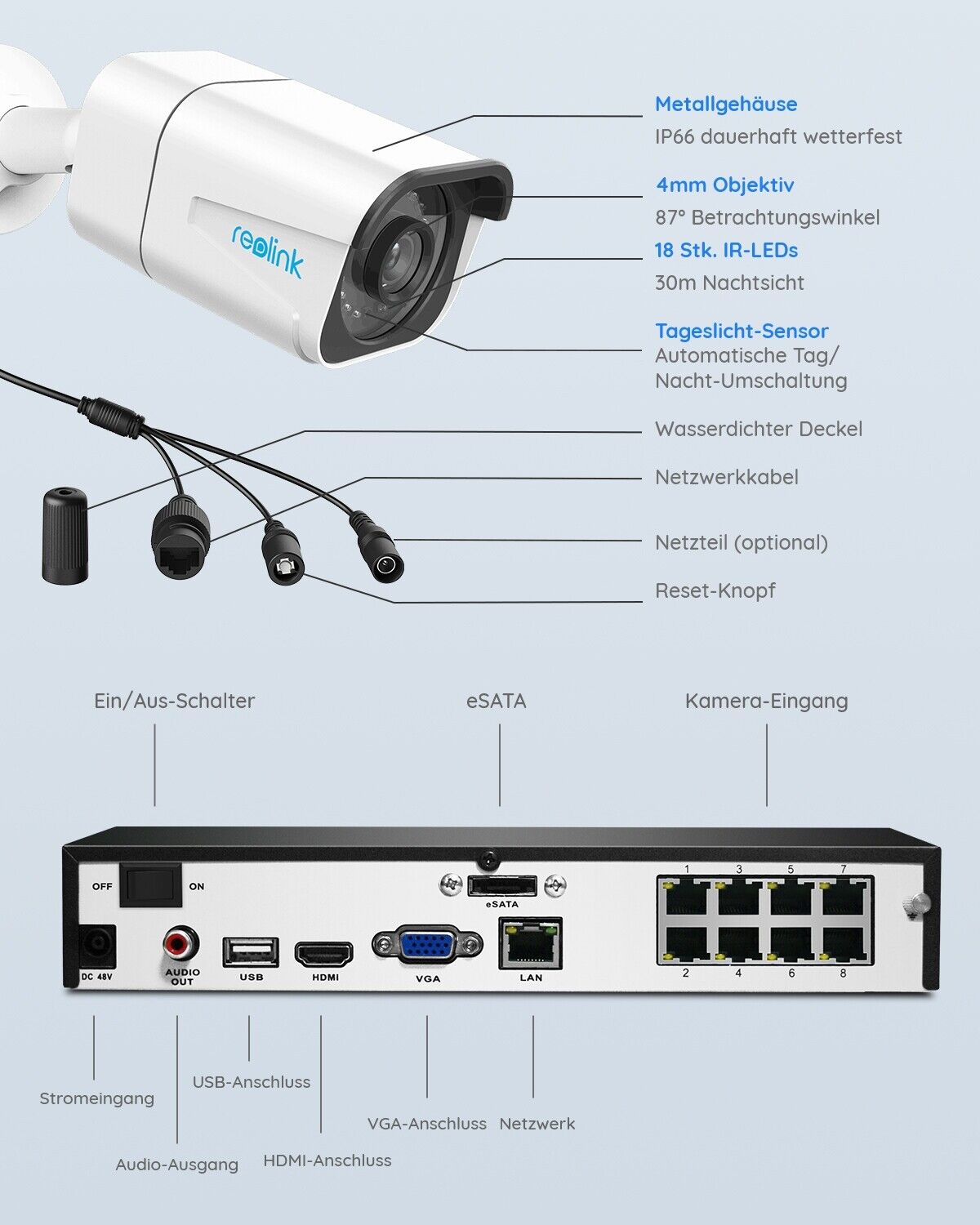 Reolink 8CH 2TB CCTV NVR POE Überwachungskamera Set 4x 8MP Kamera RLK8-800B4-A